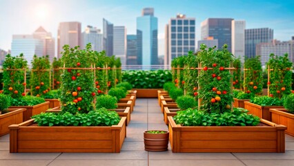 Fototapeta premium Urban rooftop garden with vibrant tomato plants and skyline view during sunny day