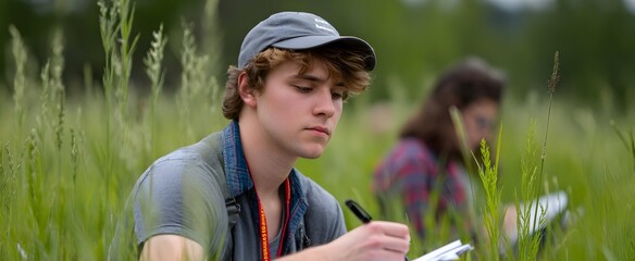 Young researchers diligently writing notes amid a vibrant outdoor field study environment