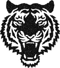 Roaring tiger head front view stipple vector, detailed wild cat illustration for vintage tattoo, label or streetwear logo
