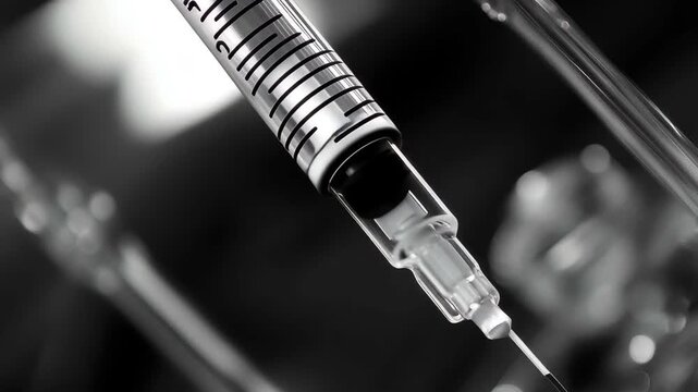 A syringe is positioned above a glass vial, ready for dosage preparation. The clinical environment suggests a focus on health and medical procedures, with equipment nearby.