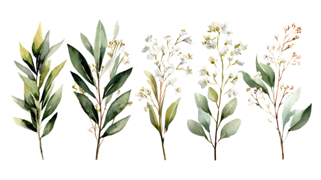 Collection of five delicate green leafy branches with small white flowers isolated on transparent background