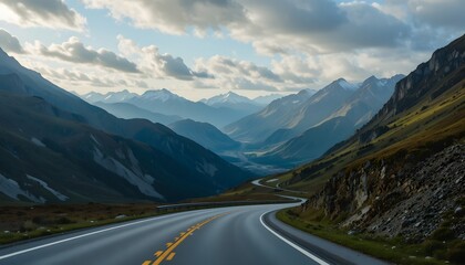 Serene Mountain Road with Majestic Peaks and Dramatic Sky Views