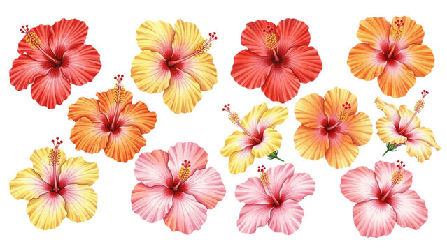 A beautiful collection of watercolor hibiscus flowers in shades of red, orange, and yellow, arranged in rows on a transparent background.