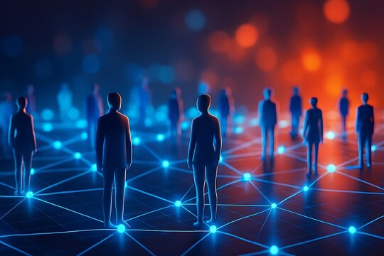 Abstract digital people silhouettes connected by glowing blue network lines on dark floor. Glowing blue network of standing silhouettes in virtual grid, orange backdrop. Business or social connections