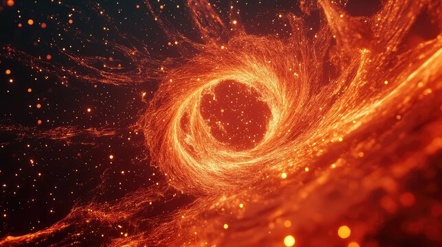 Cosmic swirling orange nebula with sparkling particles in space