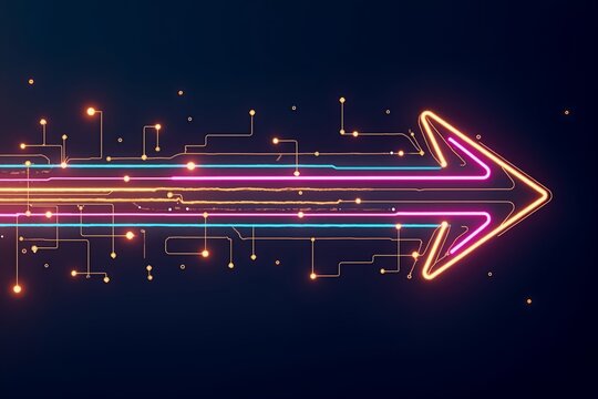 Glowing circuit arrow advances through digital network, symbolizing innovation and progress in futuristic tech landscape.