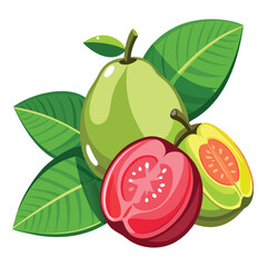 Fresh guavas including whole and sliced fruits are seen with vibrant green leaves