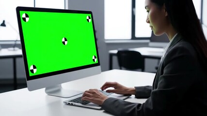 Green Screen business woman typing on cgi computer monitor working in modern office female freelancer researching information mockup pc with chroma key copyspace and tracking markers at a desk scene 4 - Powered by Adobe