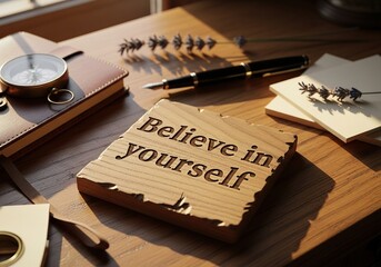 Elegant still life with journal compass and motivational quote decor