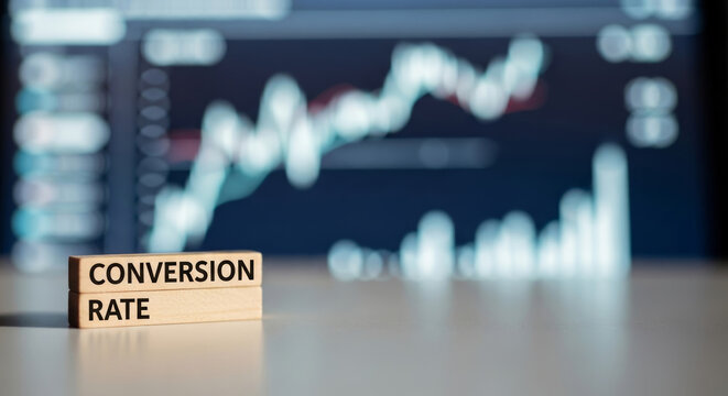 Closeup shot of Conversion Rate blocks against a backdrop of rising graph. Focus is on business growth, marketing, analytics and sales metrics.