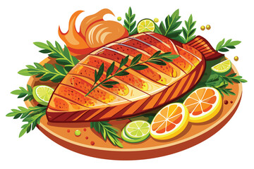 Golden grilled fish beautifully rests on a rustic plate, garnished with vibrant citrus and herbs