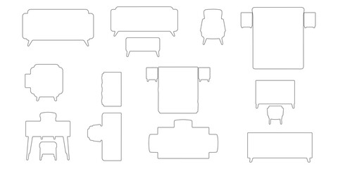 Obraz premium CAD Drawings. Top view of modern furniture pieces outline. Includes sofa, armchair, dining chair, bed, desk, wardrobe, table and cabinet. Vector illustration.