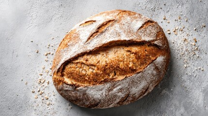 Freshly baked artisan bread with crisp crust and flour dusting on neutral background