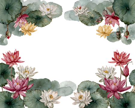 Vibrant watercolor lotus flowers and lily pads arranged in a decorative frame isolated on transparent background