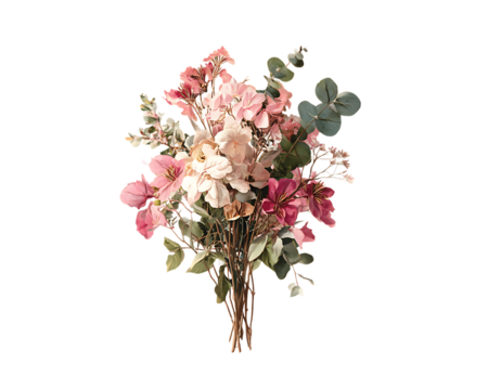 A beautiful and delicate floral arrangement featuring pink and white blossoms with green leaves isolated on transparent background