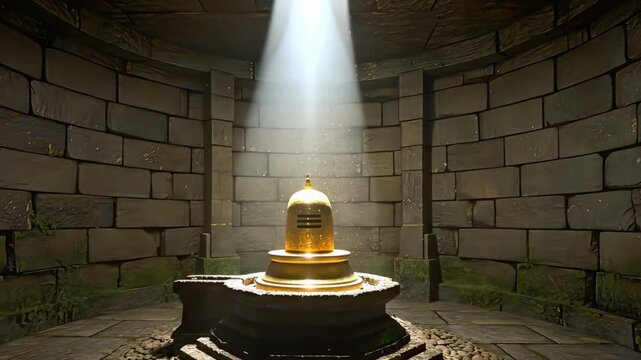 Polished brass Shiva Linga illuminated by a narrow ceiling beam in an underground stone chamber