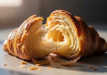 Golden, flaky croissant torn open with delicious layers in bright sunlight