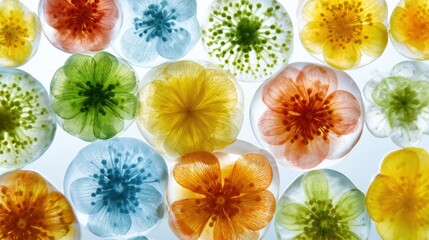 Colorful vibrant floral elements with translucent petals on light background