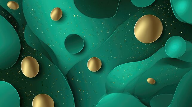 Abstract green liquid waves with gold glitter and spheres