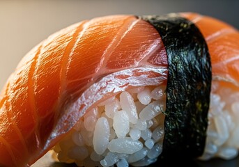 Delicious salmon sushi nigiri with nori seaweed closeup for food blogs