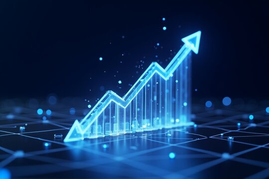 Blue glowing upward arrow graph on dark background, symbolizing growth and success in digital data visualization.