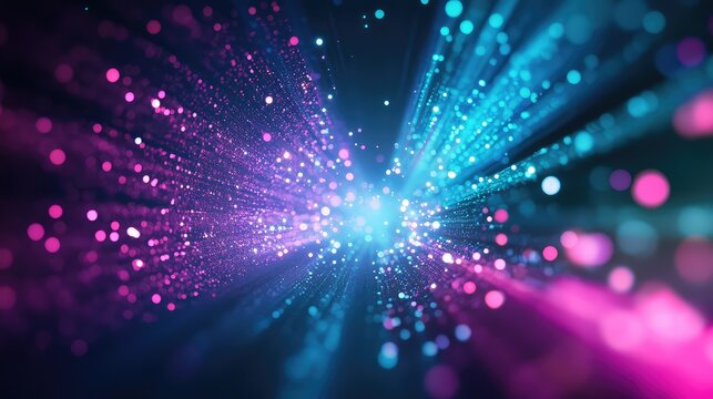 Digital particles creating abstract light explosion connecting data network
