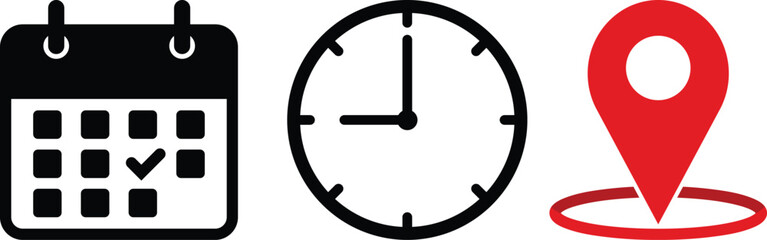 Time, date and address or location icons. Time, date and address vector collection. Calendar, clock and map pin symbol for event, meeting, wedding, schedule, invitation card design element on isolated