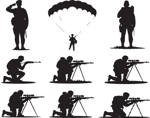 Silhouetted soldiers in action are strong and ready