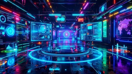 Futuristic control room with neon lights - Powered by Adobe