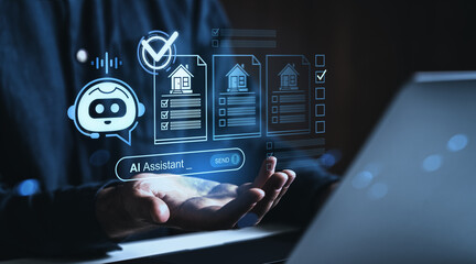 AI assistant for real estate property management and catalog search concept with digital interface icons over hands and laptop in dark background.