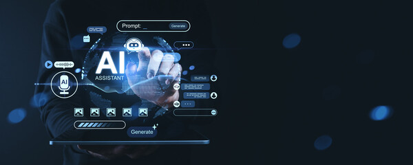 Futuristic AI assistant interface with holographic content generation concept in digital new era technology environment on dark background.