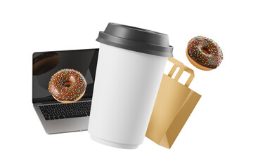 Coffee cup, donuts, laptop and shopping bag floating in creative concept on white background. 3D Rendering