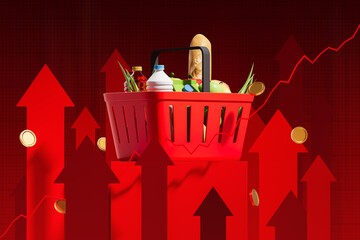 Grocery basket with essential items atop rising arrows symbolizing inflation and price increase in economic market background. 3D Rendering