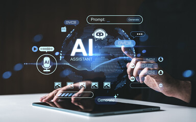 Futuristic AI assistant interface with hologram elements and content generation concept on digital tablet in new era technology environment.