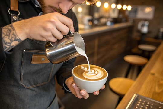 Close-up of barista pouring milk into espresso cup creating latte art