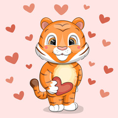 Cute cartoon Tiger with hearts. Vector illustration of animal on pink background with red hearts.
