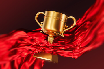 Naklejka premium Golden trophy cup floating above red silk fabric with elegant handles and ornate design, symbolizing victory and achievement in sport concept scene. 3D Rendering