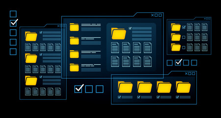 Digital file management interface with glowing yellow folders and documents on futuristic dark background, concept of data organization and access. 3D Rendering