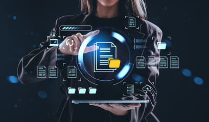 Digital document management interface concept with businesswoman