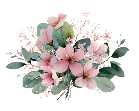 Delicate pink magnolia flowers and green eucalyptus leaves arranged in a beautiful floral bouquet isolated on transparent background - Powered by Adobe
