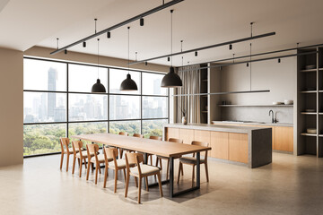 Modern minimalist kitchen and dining interior design with panoramic city view, wooden furniture, and pendant lighting in neutral tones. 3D Rendering
