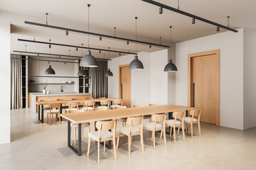 Modern minimalist dining room interior with wooden tables, chairs, pendant lights, and open kitchen in neutral tones and clean design style. 3D Rendering