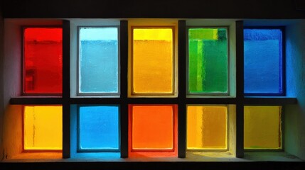 Colorful window arrangement featuring nine colored glass panels in a grid design