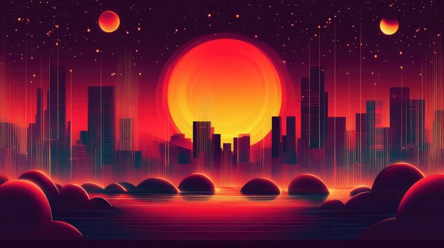 Futuristic cityscape with neon glow and planets in sky