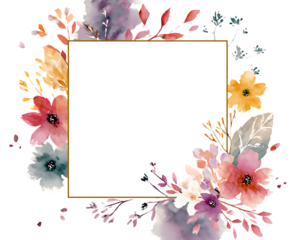 Elegant watercolor floral square frame with delicate blossoms and leaves isolated on transparent background