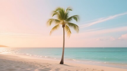Tranquil Tropical Beach Scene with Lone Palm Tree at Sunset