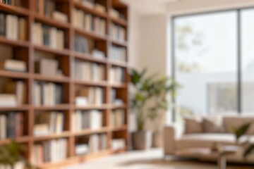 Blur image of a beautifully designed home office featuring bookshelves filled with various books and adorned with vibrant indoor plants for an inviting reading experience.