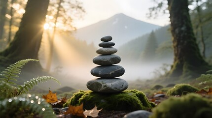 Tranquil Stone Stack in Serene Forest with Misty Mountain Background