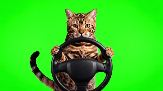 Green Screen cat sitting behind a steering wheel facing forward on isolated with chroma key real shot bengal driving car scene 3 distortion, overlay, glitch, static noise, scan lines black background