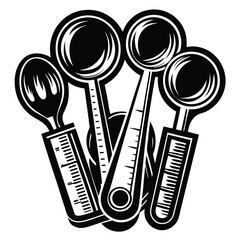Four monochrome measuring implements are arranged, showcasing a spoon alongside three distinctly marked measuring spoons